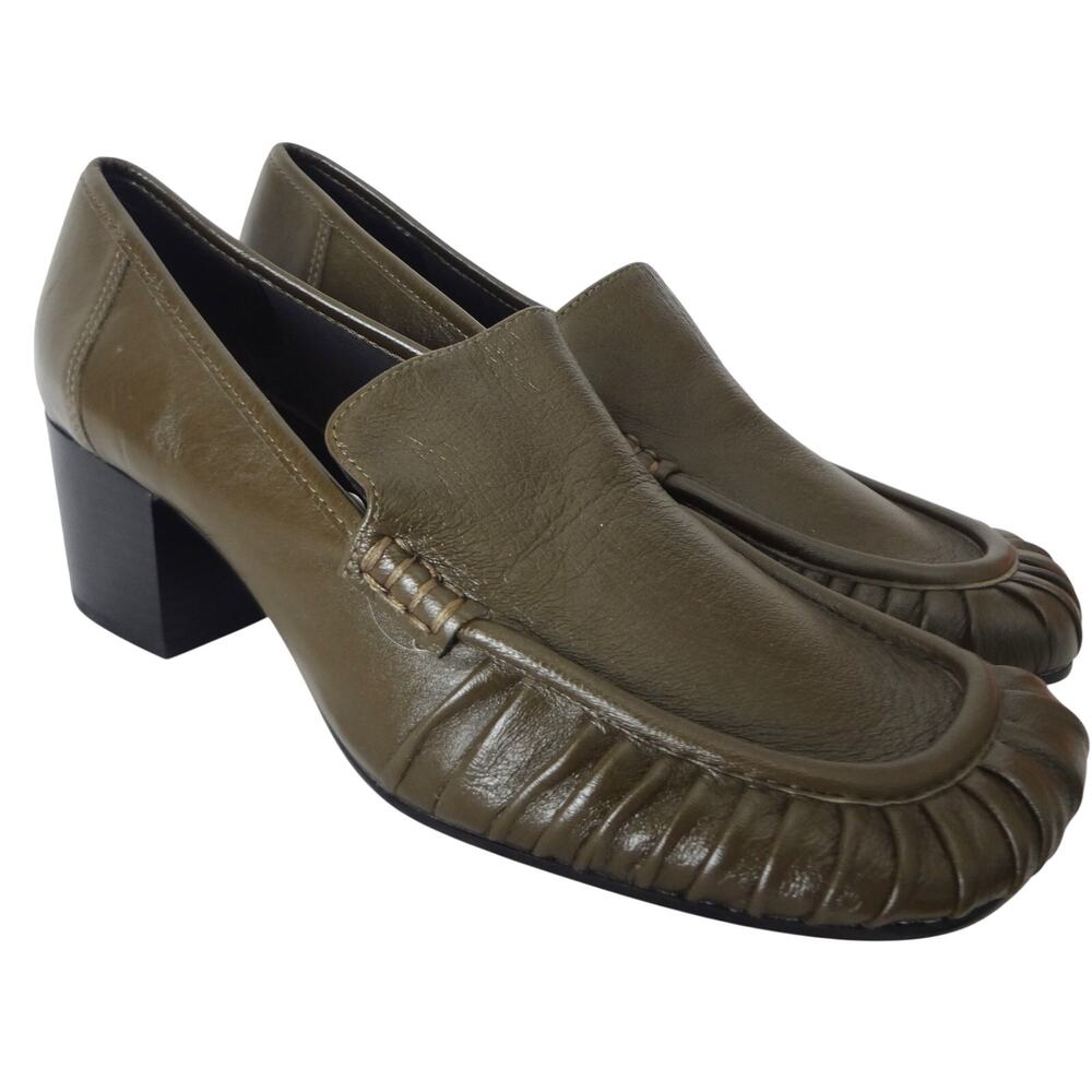 Zara Olive Green Leather Penny Loafer Pump Block Heel Moc Toe Womens 39 US 8.5